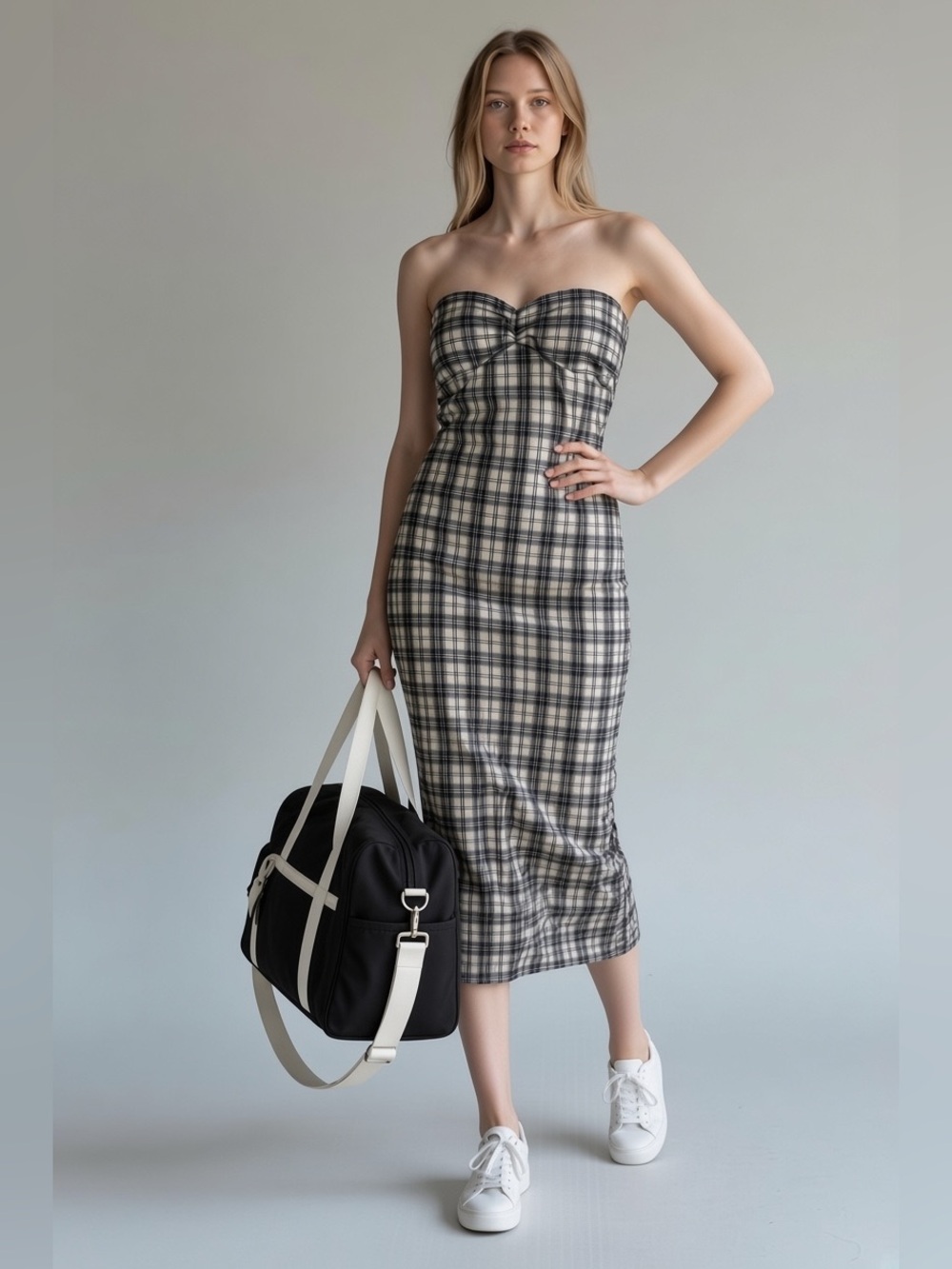 Free People Strapless Plaid Midi Dress - Black & Cream